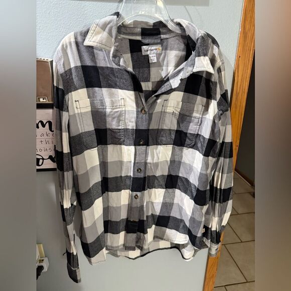 Carhartt Men's Black and White Plaid Button Down Shirt XL (16/18) - Picture 1 of 9